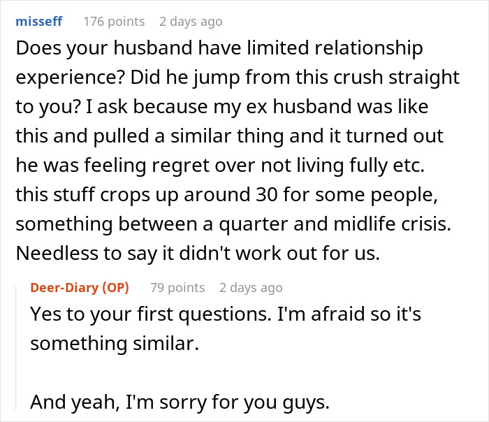 Screenshot of Reddit conversation discussing a married man texting a woman he loved 15 years ago and relationship regrets.