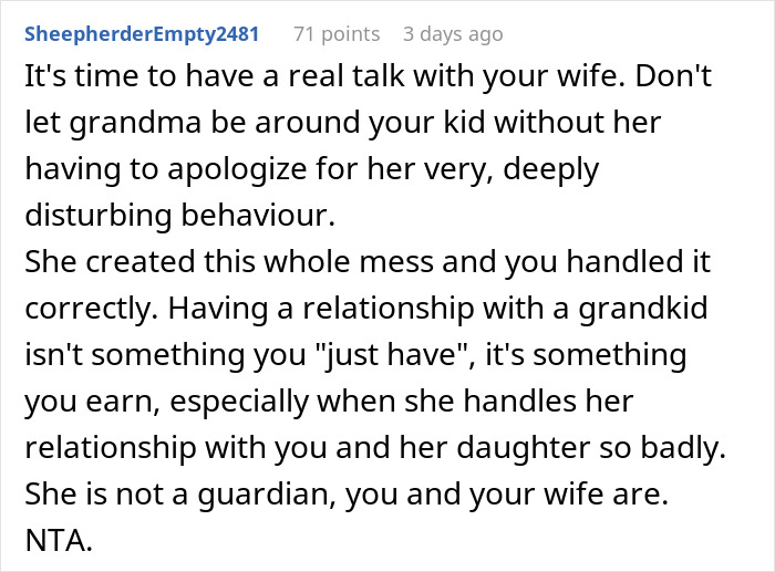 Comment discussing granny pretending to be kid's guardian while dad expresses frustration over her toxic behavior.