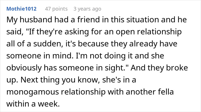 Comment discussing a breakup after a woman suggests an open relationship, mentioning betrayal and moving on quickly.