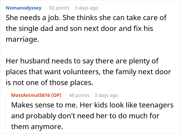 Screenshot of a forum discussion showing users commenting on a man stressed and paranoid due to an unhinged neighbor.