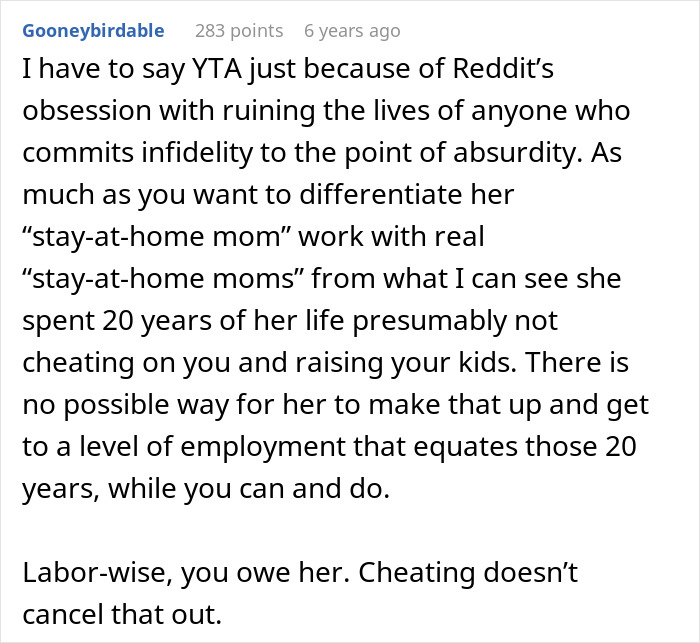 Screenshot of a Reddit comment discussing infidelity and the impact on a woman&rsquo;s easy-going lifestyle after her affair.