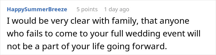 Comment text on a social platform discussing family drama at a wedding and throwing a baby shower on the same day.
