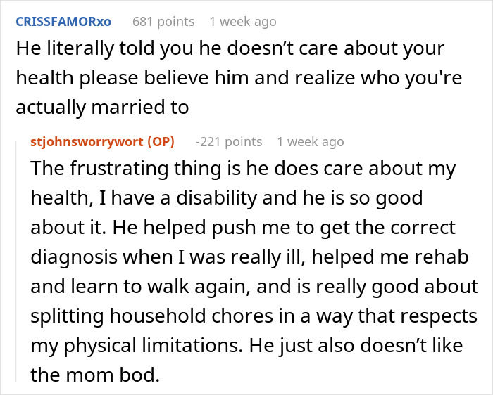 Screenshot of a Reddit conversation discussing a man pressuring his wife to lose weight using prescription meds after childbirth.