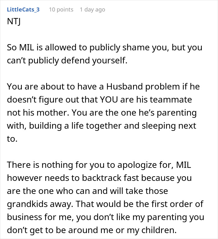 Screenshot of text discussing a woman defending herself after her mother-in-law shamed her publicly.