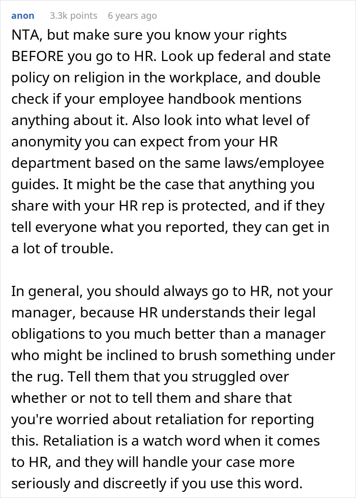 Text advice on handling coworker preaching Jesus at work and concerns about HR managing workplace religious drama.