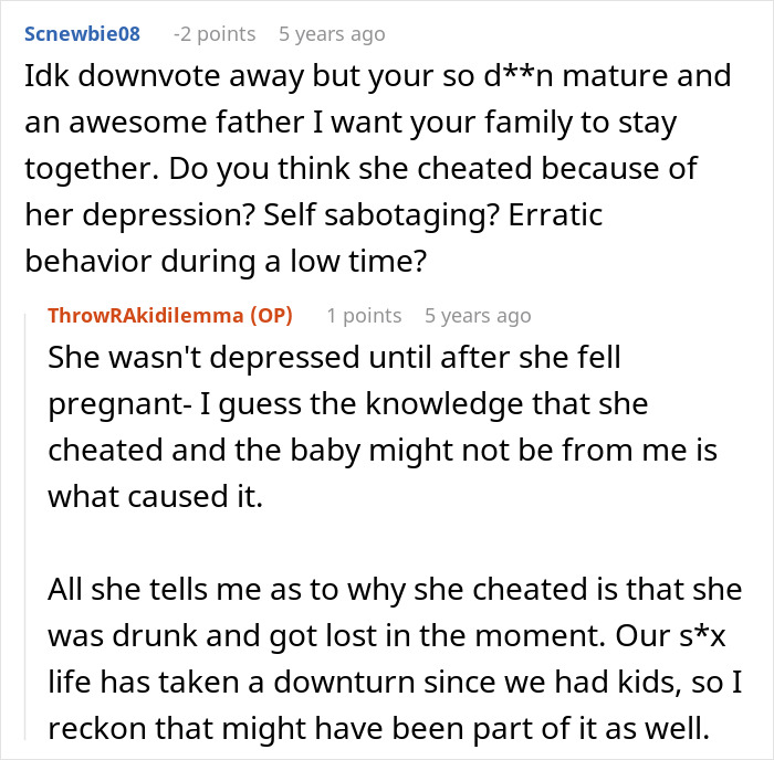 Discussion about wife's secret exposed after giving birth to a black child and her plea to husband not to divorce her.