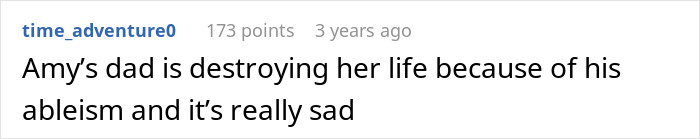 Screenshot of a Reddit comment discussing Amy&rsquo;s dad&rsquo;s destructive behavior due to his ableism and its impact on her life.