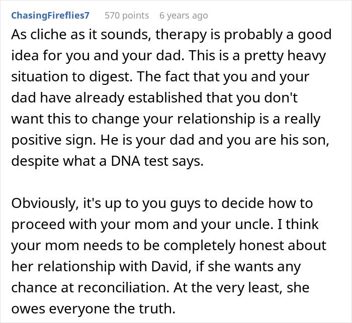 Text message discussing family therapy and the impact of a DNA test revealing uncle is actually dad.