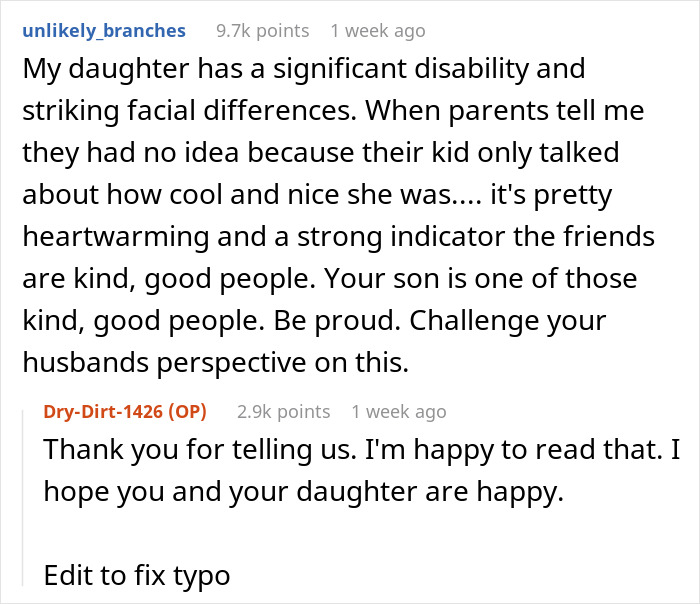 Comment thread discussing ableist dad worried about 13-year-old son's future after confessing love for wheelchair user.