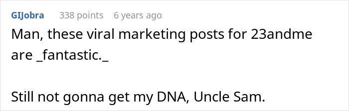 Screenshot of a forum comment about viral marketing for DNA tests mentioning an uncle and DNA results causing family chaos.
