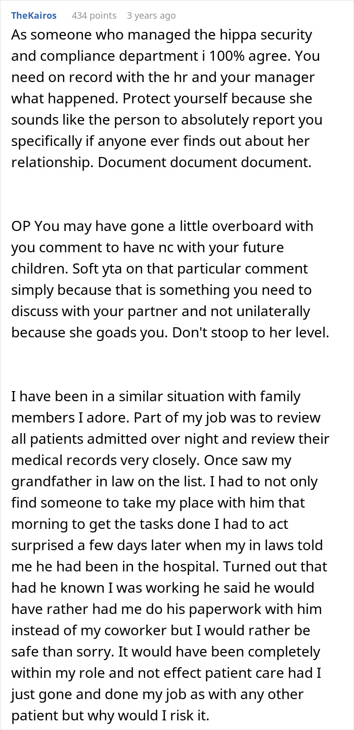 Comment discussing HIPAA compliance challenges faced by a nurse discovering a family member’s hospital admission.