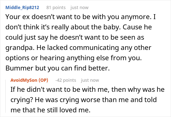 Comments discussing boyfriend breakup and new grandma drama, focusing on communication and emotional struggles in relationships.