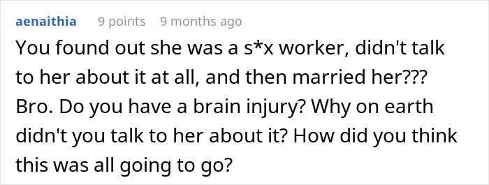 Screenshot of a forum comment discussing trust issues and hiding income sources related to wife fakes transaction.