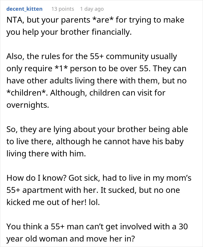 Reddit comment discussing refusal to help spoiled brother and parents' reaction in a family conflict context.