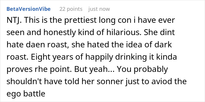 Screenshot of a forum comment discussing a coffee snob wife ranting about hating dark roast coffee and her daily drinking habit.