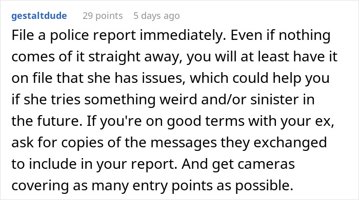 Screenshot of a Reddit comment advising to file a police report due to stress from an unhinged neighbor.