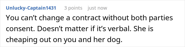 Comment about neighbor dog walking pay deserts, highlighting contract and consent issues.