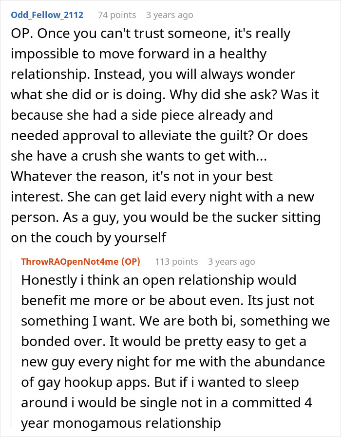 Text conversation about a woman suggesting an open relationship and the guy&rsquo;s reaction to it breaking their trust.