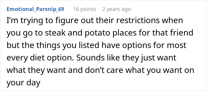 Comment on a forum expressing frustration about a friend&rsquo;s strict diet restrictions enforced on special occasions.