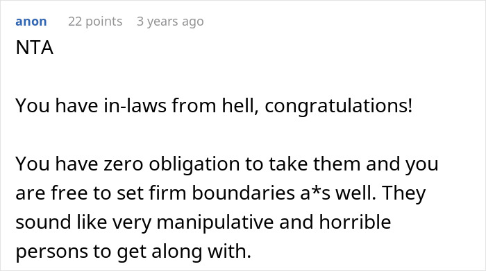 Screenshot of online comment discussing woman fed up with in-laws constantly showing up unannounced and wanting to move in.