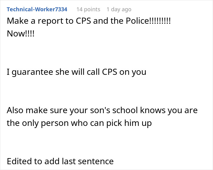 Comment urging to report unhinged neighbor to police and CPS, advising caution about child's pickup and safety concerns.