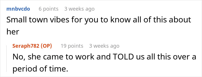 Online conversation showing a woman judging coworker&rsquo;s life choices while ignoring her own conflicting morals.