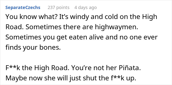 Screenshot of a user comment expressing frustration about conflict, involving sister insults and reactions from husband and kids.