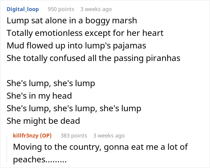 Screenshot of a Reddit poem titled Lump describing emotional numbness and confusion about a character named Lump.