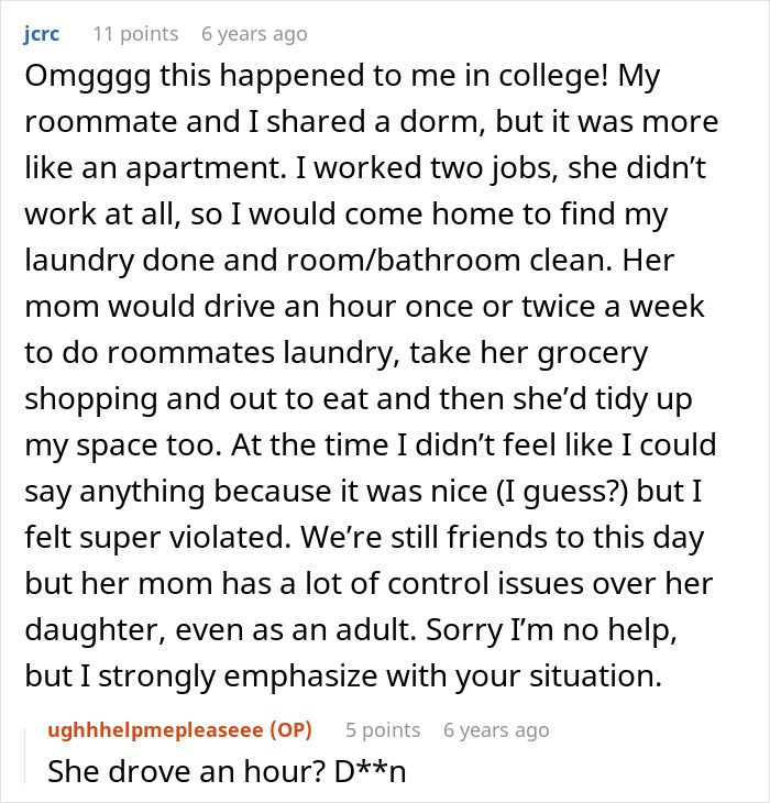 Screenshot of a Reddit comment describing feeling violated when roommate&rsquo;s parents use a spare key to babysit.