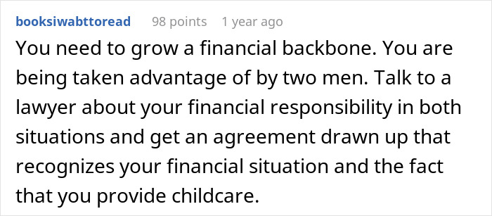 Comment advising a woman to seek legal help for financial responsibility after partner leaves son without ski pass.