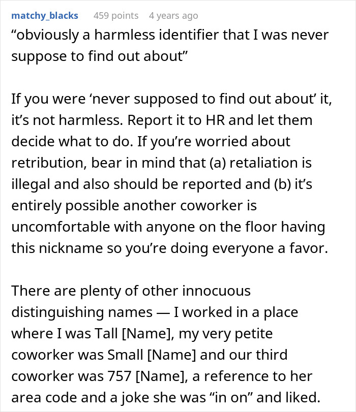 Text post discussing concerns about workplace nicknames and suggesting reporting to HR for uncomfortable nicknames or retaliation issues.