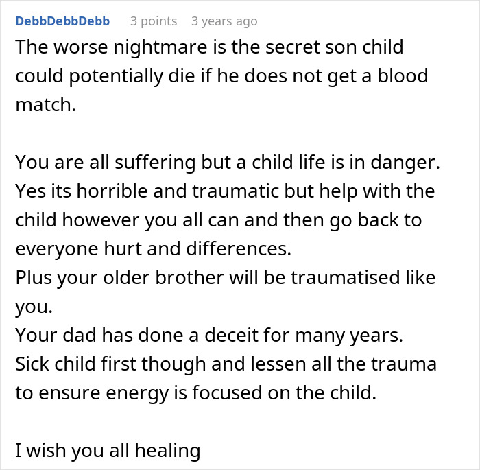 Woman in distress learns her father had a secret son, causing family to fall apart and face emotional trauma.