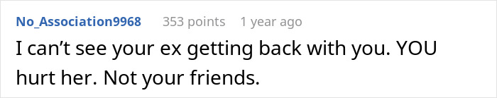 Comment highlighting conflict with male relatives and friends involving ex-wife and consequences in a relationship context.