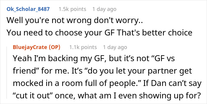 Screenshot of a Reddit conversation discussing a guy choosing between his girlfriend or best friend's girlfriend after bullying incident.