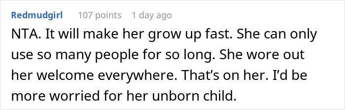 Comment discussing concern for a pregnant sister’s unborn child and challenges faced in a homeless shelter.