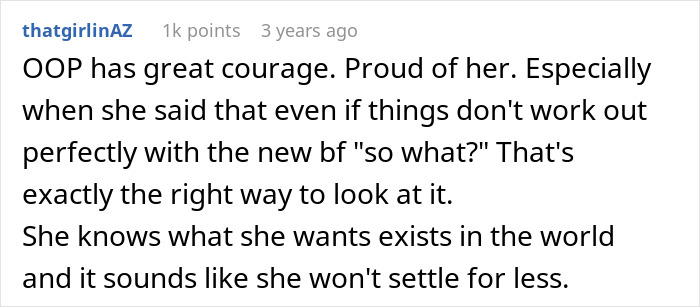 Comment praising a woman&rsquo;s courage to leave her fianc&eacute; for her boyfriend, highlighting her confidence and determination.