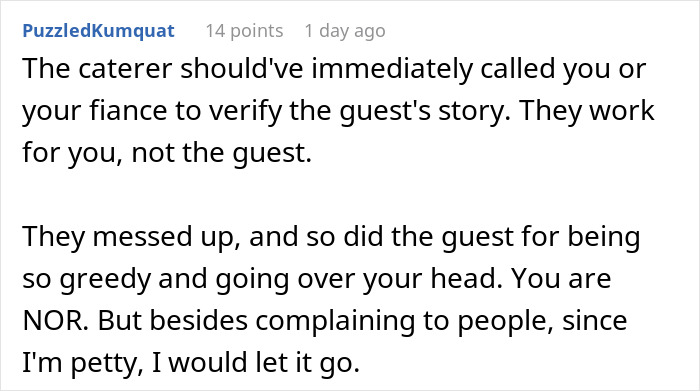 Alt text: Online comment discussing a wedding caterer’s role after a woman contacts them about a non-vegetarian meal. Alt text: Online comment discussing a wedding caterer’s role after a woman contacts them about a non-vegetarian meal.