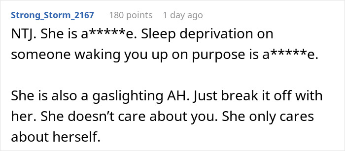 Comment calling out sleep deprivation caused by woman waking up boyfriend as what normal couples do is wrong and gaslighting.