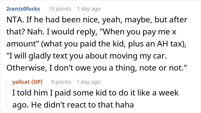 Online discussion about an entitled guy frustrated over a snow-free parking spot and uncooperative neighbor’s parked car. Online discussion about an entitled guy frustrated over a snow-free parking spot and uncooperative neighbor’s parked car.