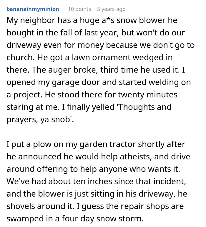 Man using snowblower to block mean neighbor&rsquo;s driveway during heavy snowstorm in a neighborhood setting.