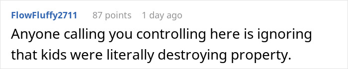 Reddit comment discussing sibling conflict and consequences of no consequences parenting after kids destroy property.