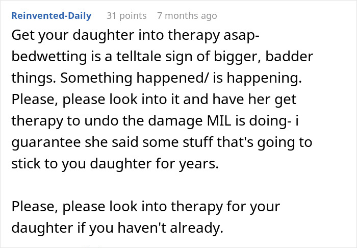 Comment urging therapy for daughter due to MIL and FIL conflict after granddaughter reveals she is a lesbian.