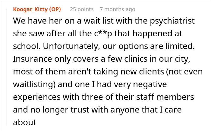 Text post from Koogar_Kitty sharing struggles with psychiatric care waitlists and negative experiences with clinic staff.