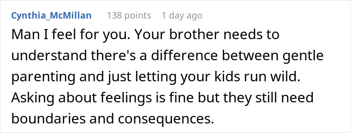Screenshot of a Reddit comment discussing consequences and boundaries in no consequences parenting and sibling conflict.