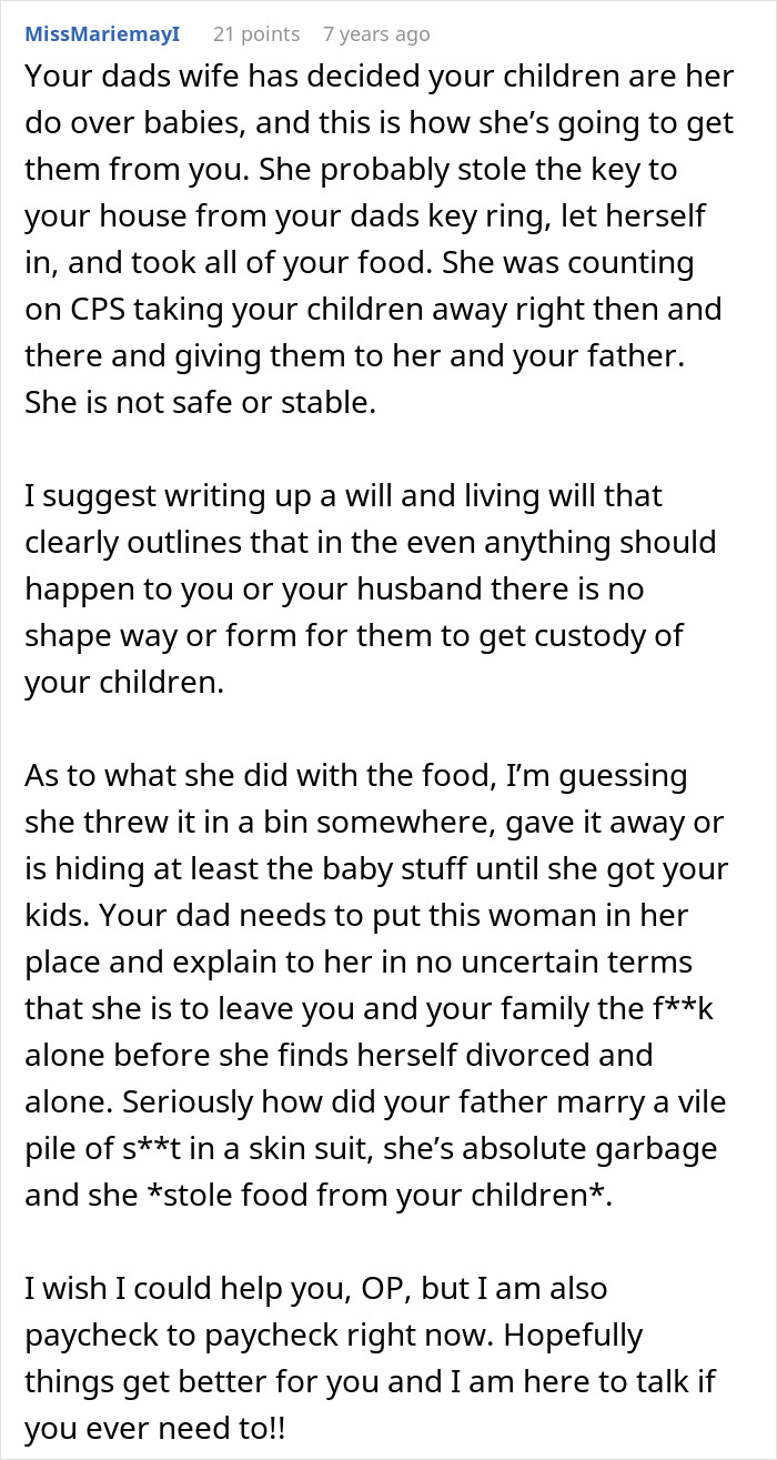 Comment discussing a stepmom stealing food and causing a potential CPS visit involving a couple’s family issues.