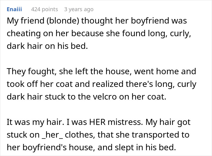 Text post about a suspicious husband finding long hairs in a shower, revealing a mistaken affair.