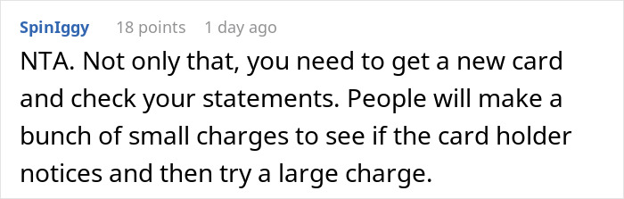 User comment warning about checking statements and getting a new card to prevent cousin card fraud in vacation rental scams.