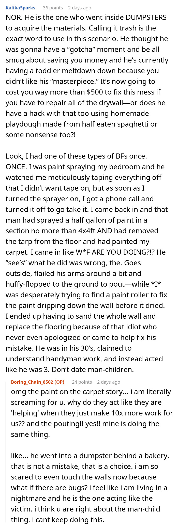 Text conversation discussing frustrations with DIY home repairs and soundproofing using egg cartons.