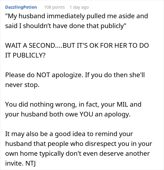 Comment thread discussing a woman standing up to her mother-in-law after being shamed publicly.