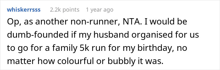 Comment about husband&rsquo;s birthday involving toddlers, a tiny cabin, and a family 5K run instead of quiet celebration.